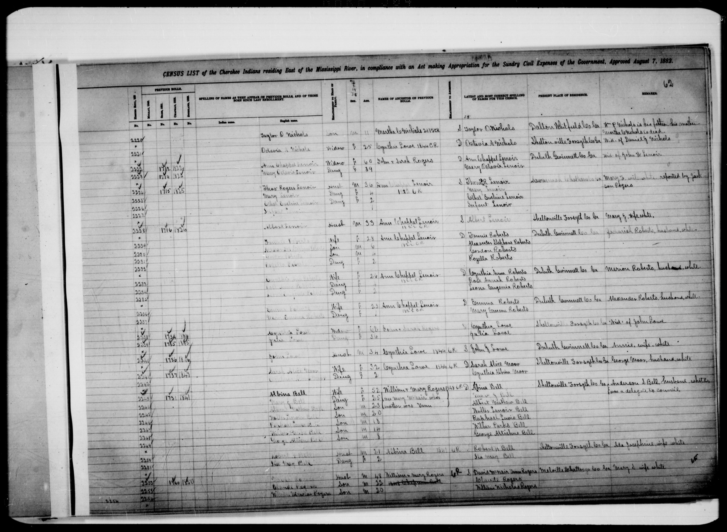 Handwritten ledger page from the 1884 census of Eastern Cherokees, with ruled columns for name, relationship, sex, age, ancestor, residence and remarks. Near the bottom, Albina Bell is listed as Wife, 52, followed by her children, then Robert H. Bell's household.