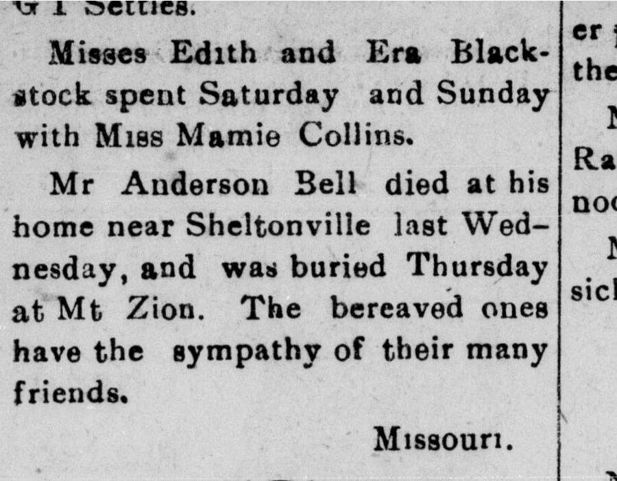 Clipping of a 1910 newspaper column in small type. The item reads: Mr Anderson Bell died at his home near Sheltonville last Wednesday, and was buried Thursday at Mt Zion.