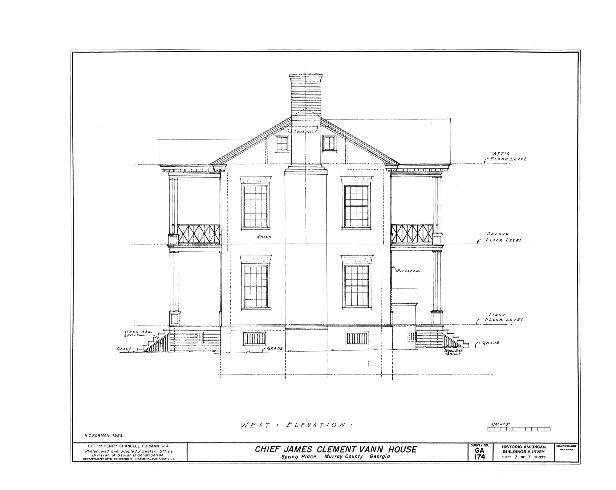 Architectural line drawing of the house's west elevation.