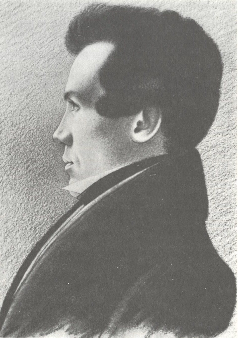 Charcoal profile drawing of William Rogers, a young man with short hair, facing left, in a high collar and coat.